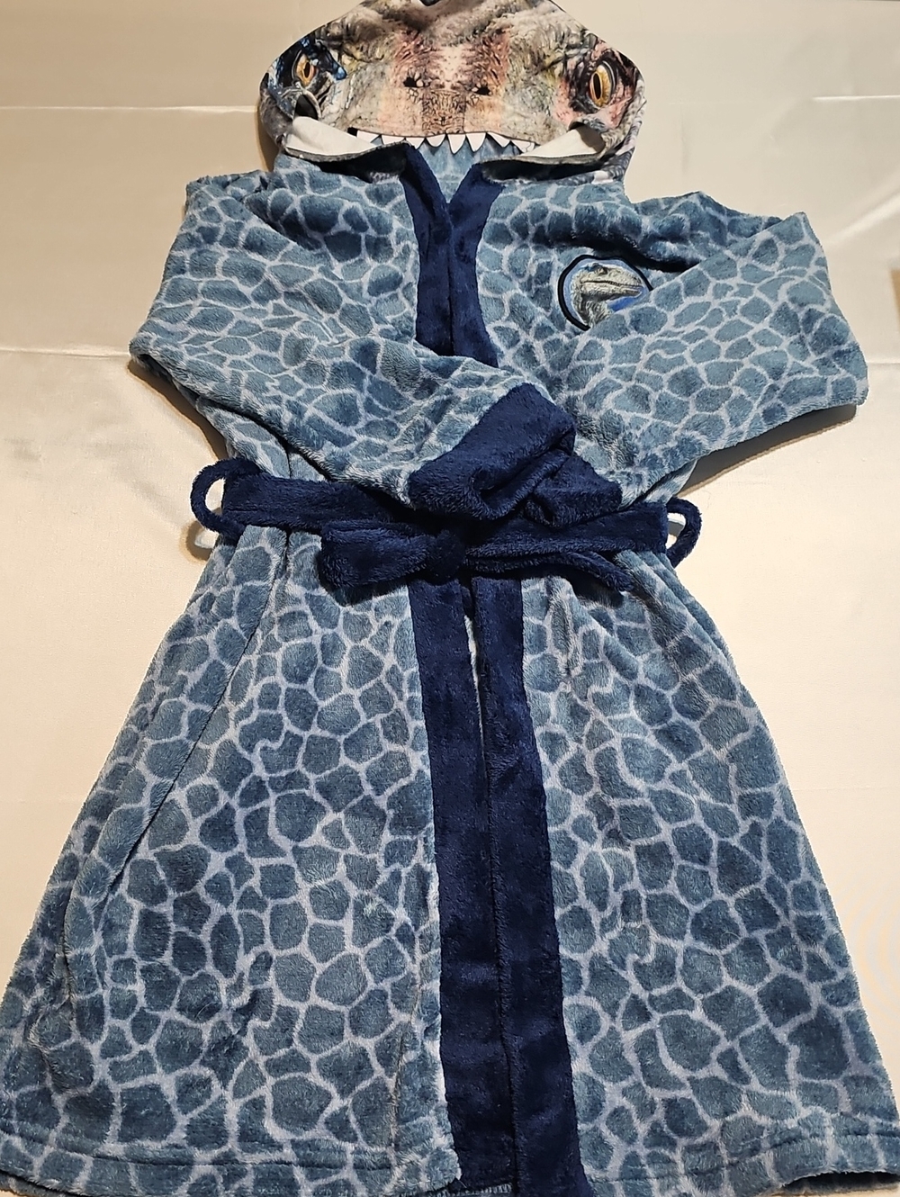 Jurassic World Kids Blue Dinosaur Hooded Plush Robe with Belt